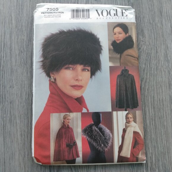 Vintage Vogue Winter Hat Sewing Pattern Collar, Stole, Capelet, Cape UNCUT 7505 - Picture 10 of 10